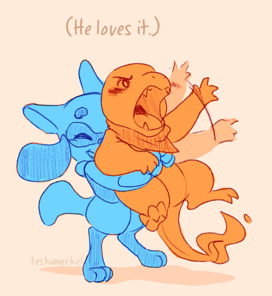 A sketch of a smiling riolu hugging a charmander from behind and lifting him off the ground. The charmander is waving his arm around and seems to be protesting, but he’s blushing. There’s a small caption above them that says (He loves it.)