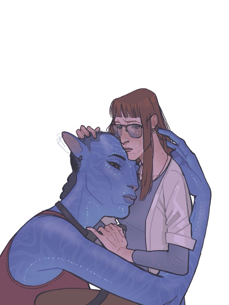 Margarita (human) gently embraces Gjera’s (avatar) ginormous head, scratching their shaven scalp, holding onto the CO2 gas mask with her other hand, as they lean into her cheek and run their giant fingers through her hair absentmindedly 