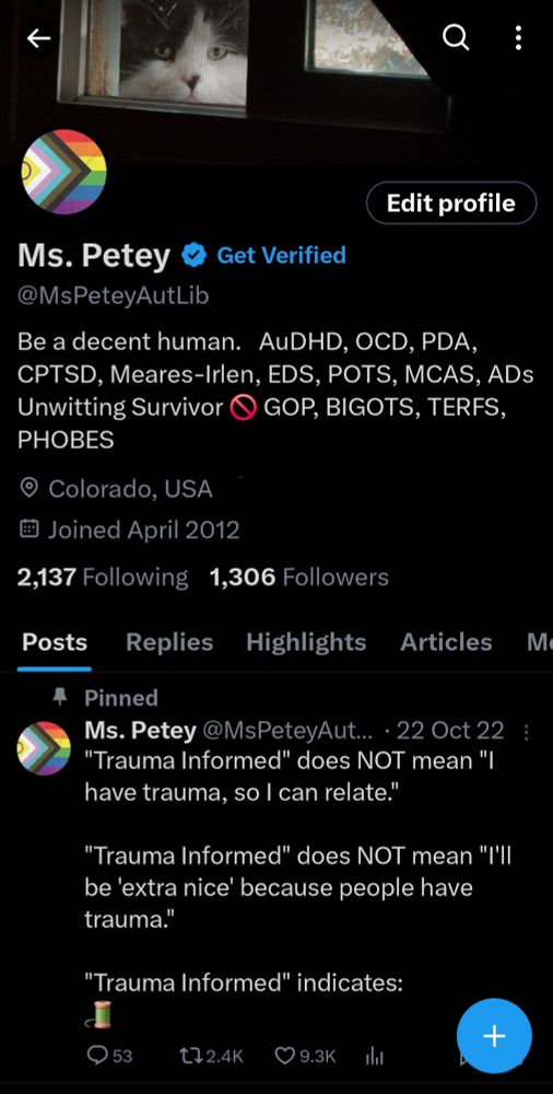 Screenshot of Ms. Petey's home screen on Xitter with the above post pinned at the top.