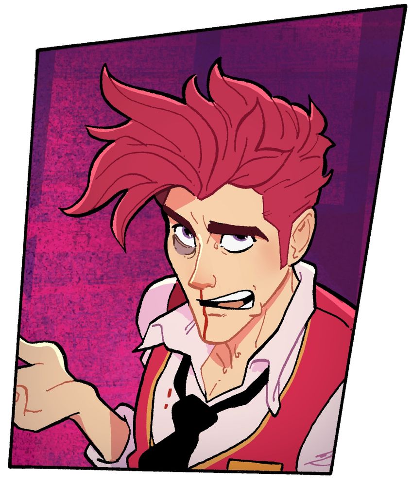 A comic panel. Fairly tight shot on a handsome white guy wearing a hotel uniform, with a black eye and some blood running from his nose onto his shirt. He has a serious expression, shrugging a little bit.