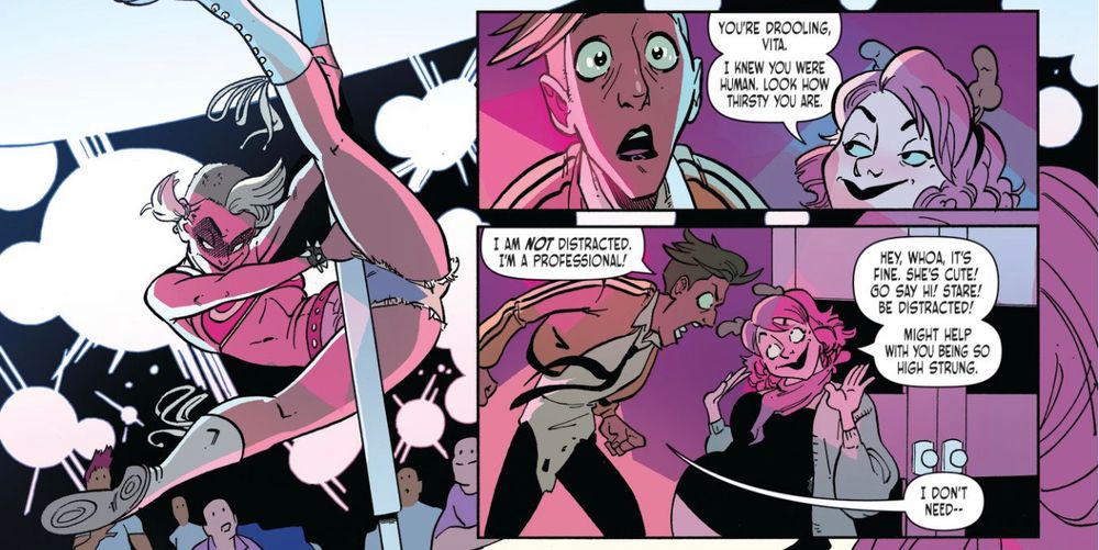 A partial screenshot of a page from CROWDED. A sexy girl is athletically pole dancing, and Vita is drooling over her something awful