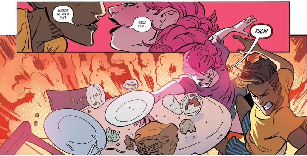 A partial screenshot from CROWDED. Vita and Charlie are close, about to kiss, when they are interrupted by the wall exploding in