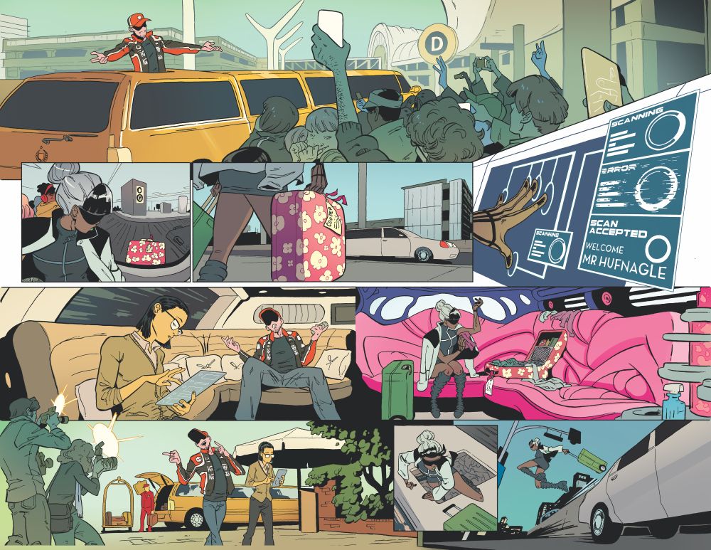 A double page spread from CROWDED issue 3.

Panel 1: wide across the top of both pages, showing an airport drop-off point and Trotter, the celebrity Reapr killer, standing out the sun roof of his limo, talking to his adoring fans. 

Panel 2: inside the airport, Circe the assassin has noticed a bright-looking suitcase on the baggage claim that clearly isn’t hers.

Panel 3: outside the airport, now with the suitcase, Circe is walking towards another limousine.

Panel 4: at the limousine, Circe places her hand on the fingerprint scanner, her technological gloves hacking it, causing it to accept her as its intended guest, Mr Hufnagle.

Panel 5: full page width, split panel. On the left half, Trotter is in his limo, talking to his assistant Cameron. On the right half, Circe is in her limo rooting through her stolen suitcase.

Panel 6: Trotter is walking up to a hotel, posing for paparazzi.

Panel 7: Circe is climbing out of the sunroof of her limo.

Panel 8: Circe is jumping off her limo in the middle of the street, letting it continue to its destination.