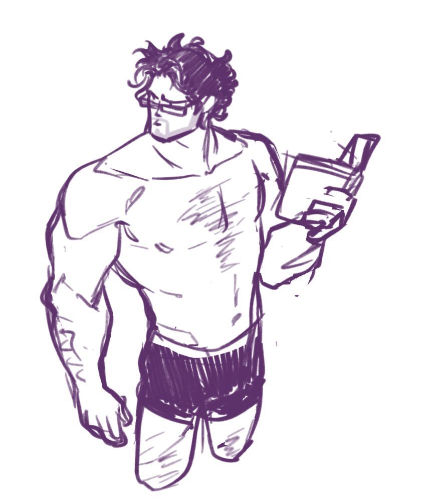 A sketch of a beefy guy from the thighs up, in just boxers and reading glasses with curly bedhead. He looks like he’s been distracted from the book in his hand.
