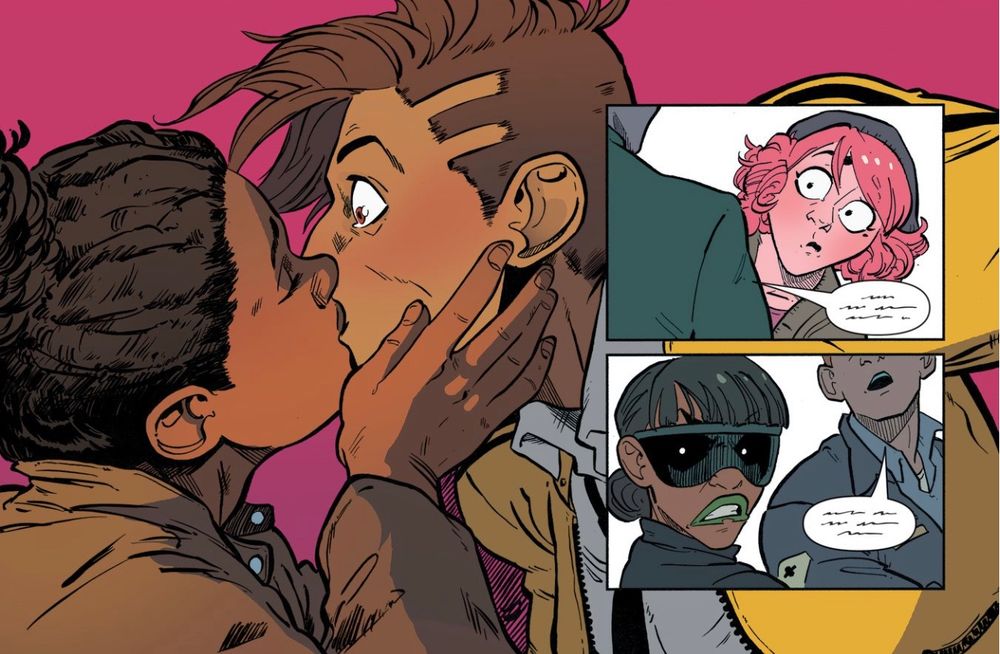 A partial screenshot of a page from CROWDED. Vita is being kissed by her ex-girlfriend, and is very surprised about it. Charlie is looking a little sad about it, Circe is looking pissed. 