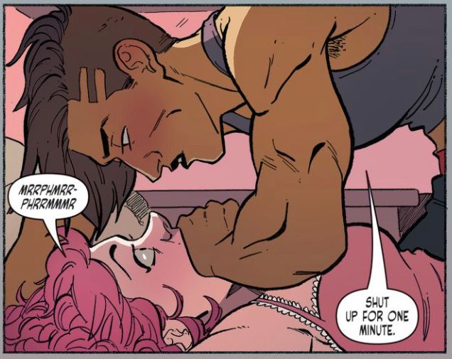 A screenshot of a panel from CROWDED. Vita is pinning Charlie to the bed, one hand over her mouth. Both are blushing and it is very clear sexy times are about to commence. 