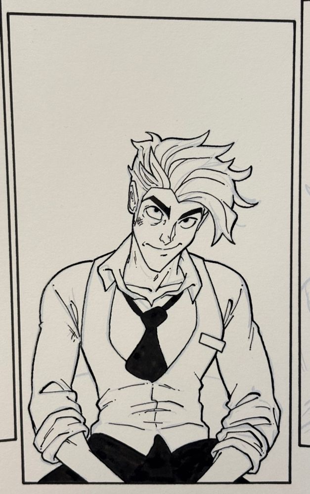 A panel of comics inks. A handsome skinny guy wearing a hotel uniform is slumped in a chair. His head is tilted forward, eyes looking up towards the camera with a frankly slutty smirk on his face. He’s being far too suggestive
