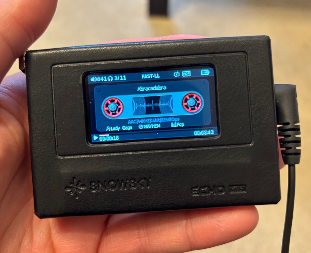 Photo showing the cute screen of the Echo Mini, with its cassette player-inspired look