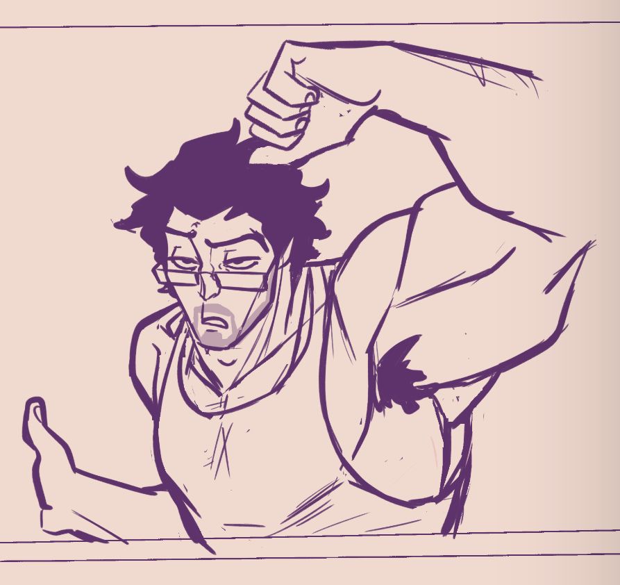 WIP comics pencils. A huge, bulky dude with wavy black hair and a permanent 5 o’clock shadow, wearing just a tight vest and slutty little glasses is opening a door, leaning on the frame, and clearly looking very done