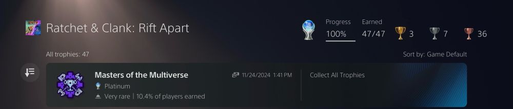Screenshot of PlayStation 5 user interface showing all 47 trophies acquired in the Ratchet & Clank: Rift Apart video game. 