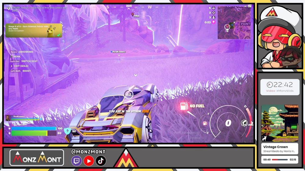 A screenshot from Monz Mont's stream where he is playing Fortnite with his friend, RenKonnec. Monz is laughing as the car he is driving is stuck in the storm, which is slowing draining his life points. The "NO FUEL" indicator is flashing, explaining why the car is not moving.