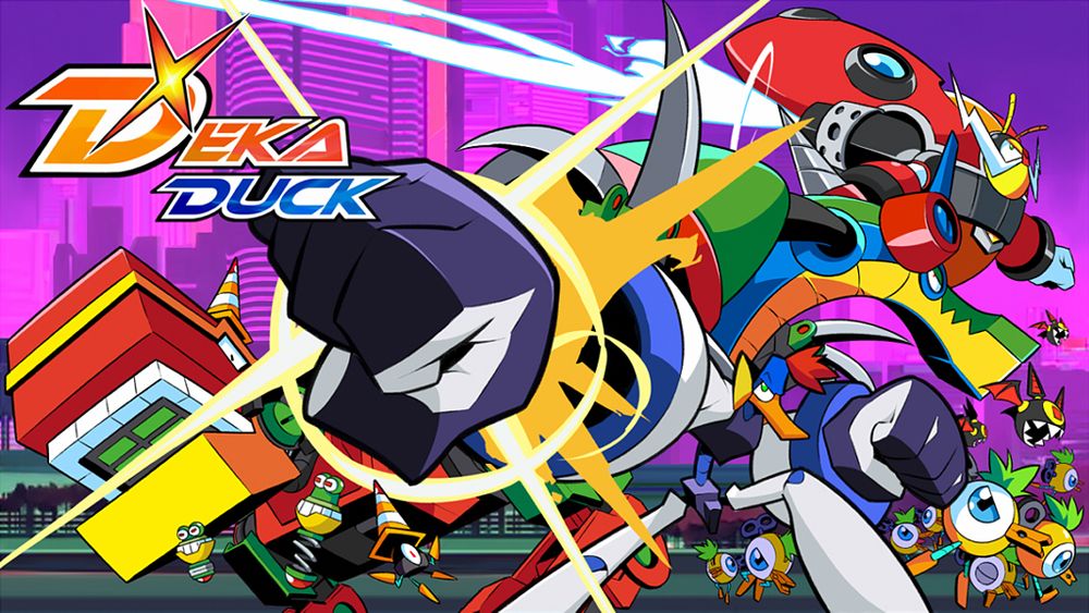 Promo image for dekaduck, showing dekaduck himself, with the body of a robot and head of a duck, shooting his fist, while this enemies are behind him.
