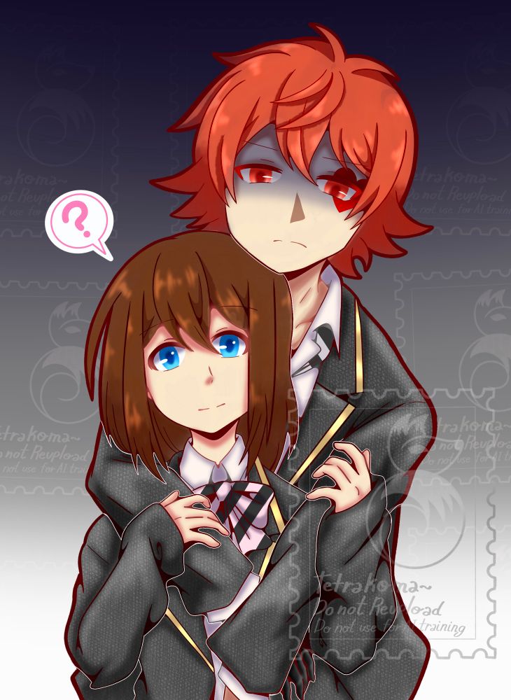 A possessive Ace hugs Anzu from behind while Anzu looks at the viewer with an innocently confused expression