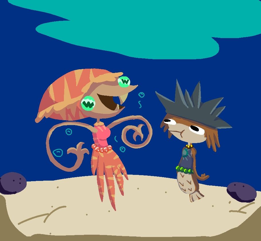 Carolyn, my cuttlefish mermaid showing Pineapple my pufferfish mermaid some "Cuttletricks"