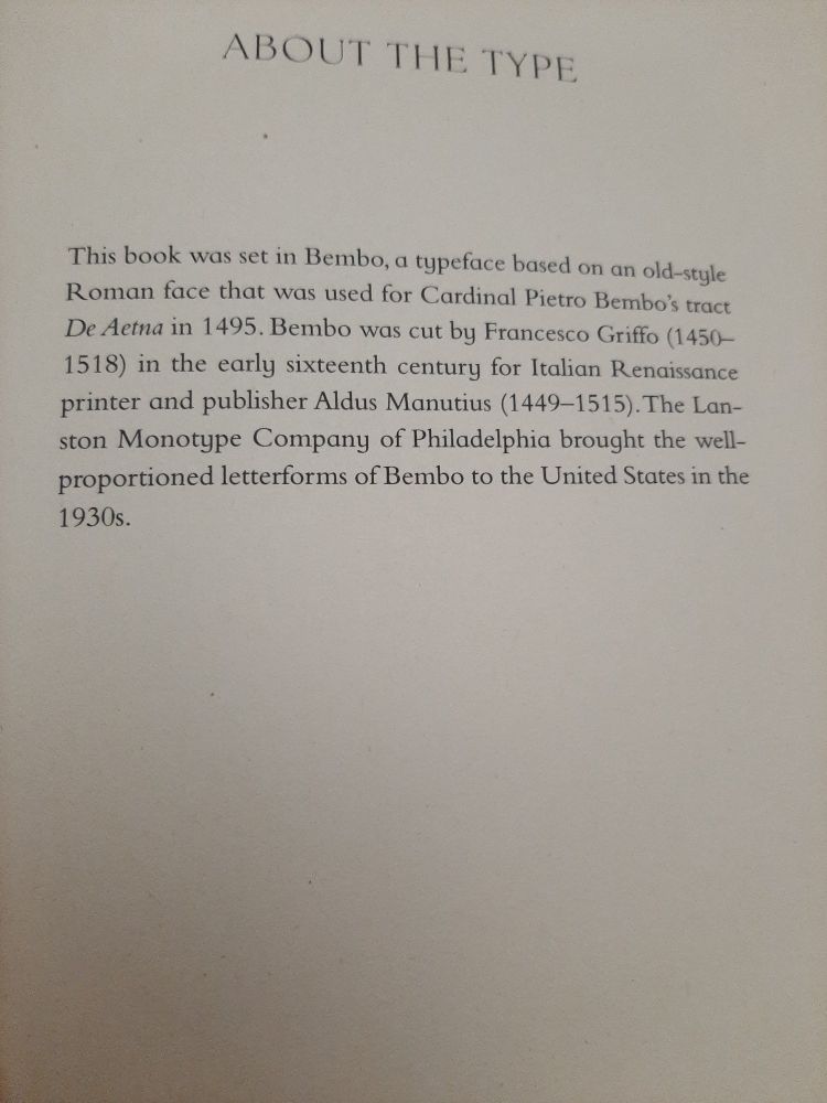 Photograph of a book page detailing the history of the Bembo typeface.