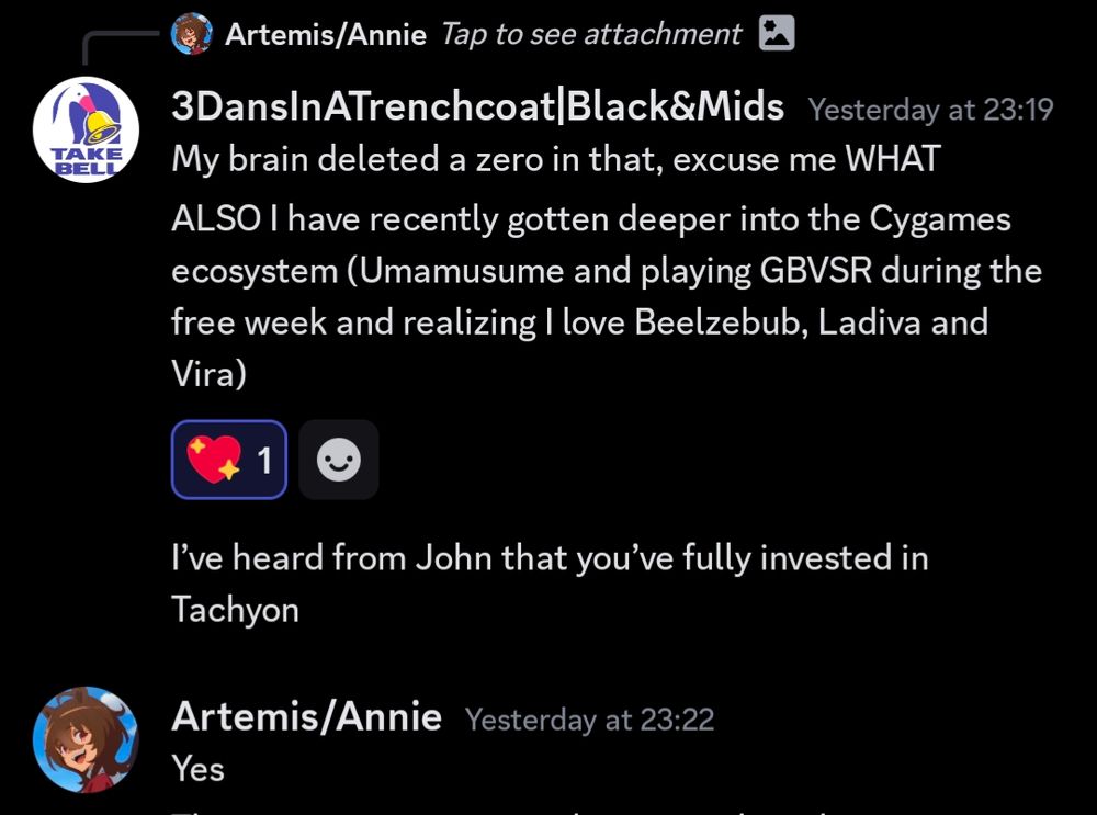 A screenshot of discord dms of friend asking that I'm invested in Tachyon