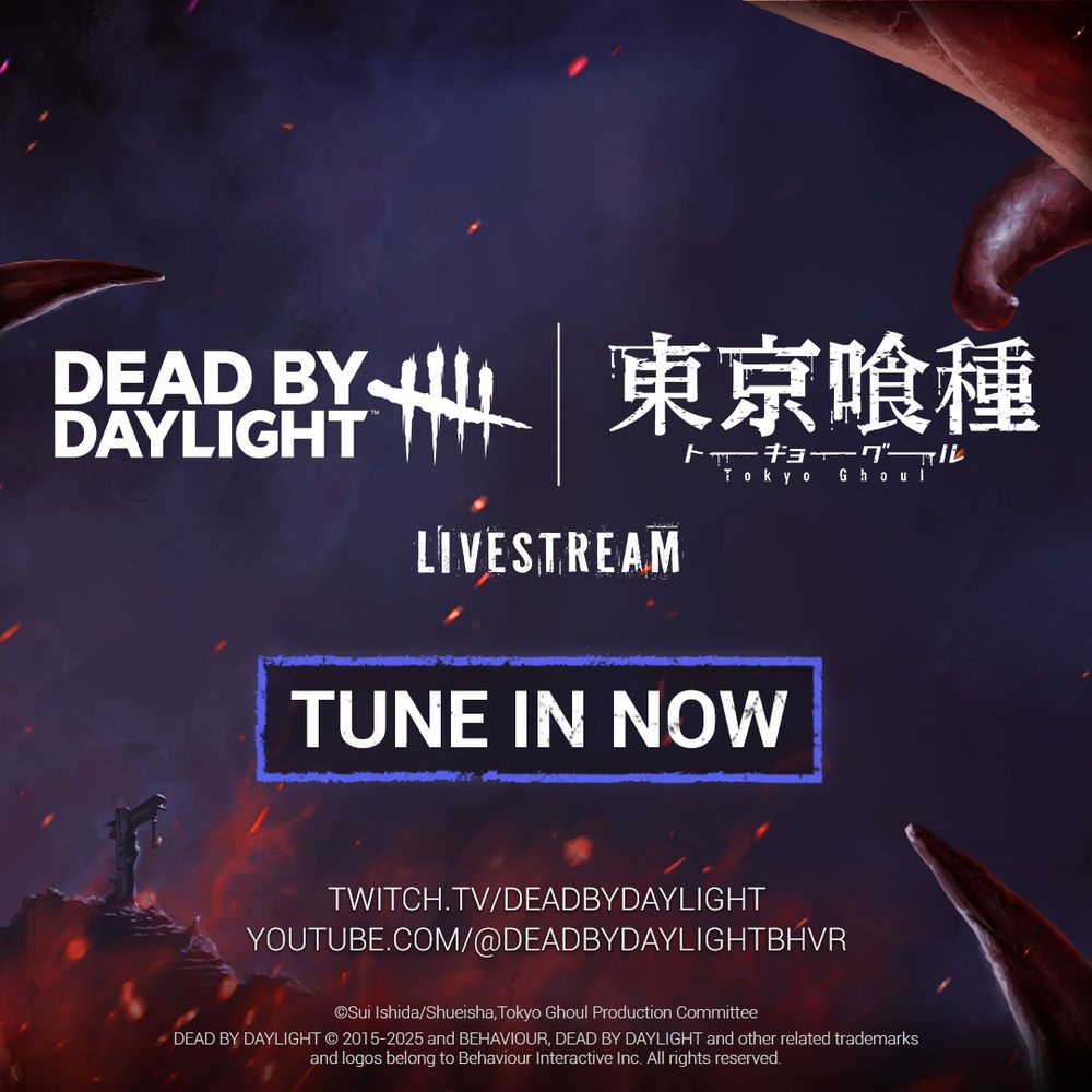 A deep blue sky, with a Hook in the background, and tentacles sprouting for the corners. The text reads: Dead by Daylight: Tokyo Ghoul Livestream, Tune in Now.
