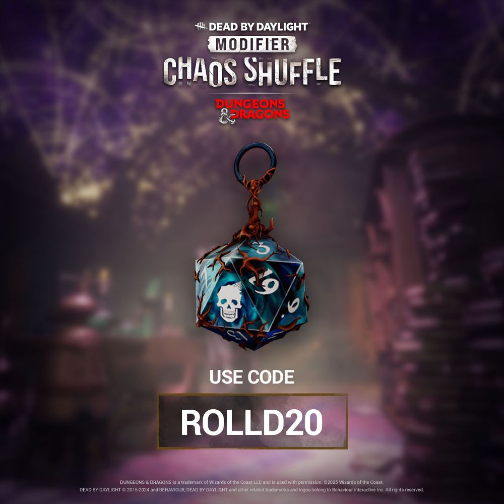 A blue D20 Charm against a blurry purple background. The text reads: Use Code ROLLD20.