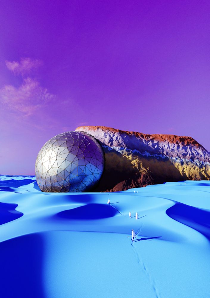 Realistic 3D render of a colorful mesa with a metal orb embedded in it's side. The mesa is rising out of blue sand dunes, and there are small white humanoid figures walking towards the mesa. The sky is purple and slightly cloudy.