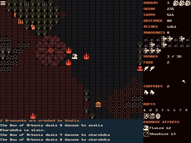 Tile-based, pixel-art, roguelike screenshot. The player is a trireme with a wing for a sail. They are surrounded by red sprites of women with tentacle legs. They are sailing towards a giant multi-tile whirlpool in a sea of blood. There are some green trees, and orange ruins in the regular sea outside the sea of blood.