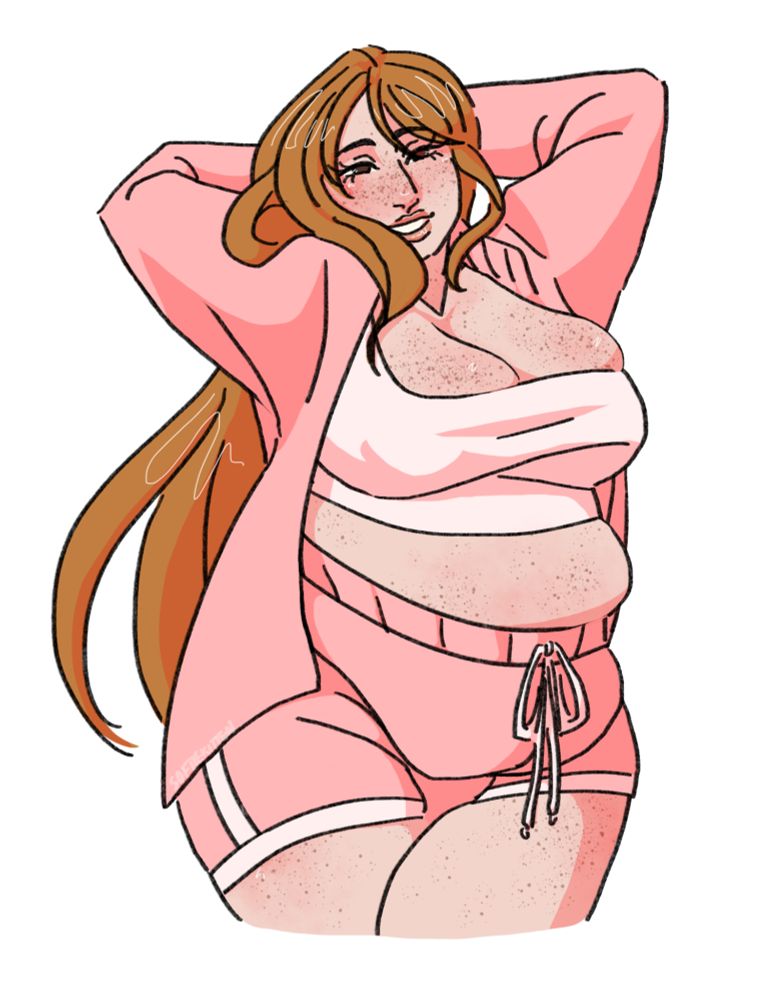 Time skip Nami from One Piece is drawn with a fat body. Her arms are up and bent with her hands behind her head- a sensual pose to show off her tits and body. She wears a pink tracksuit that flows over her curves; a white crop tank top that her breasts overflow out of; and pink track shorts that go up to her navel. She looks at someone off screen playfully and with a smile.