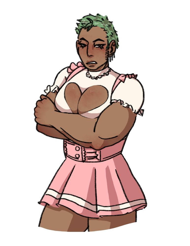 Pre timeskip Zoro glares at the viewer with his arms crossed. The squeeze of his muscular arms accentuates his tits that are squeezing through the heart "boob window". His top is a white turtleneck with frill trimming on the neck and short sleeves with the same trimmed frills- it has the aforementioned heart shaped "boob window". He also wears a pink tennis skirt that has pink straps with frills at the shoulder that act as suspenders.