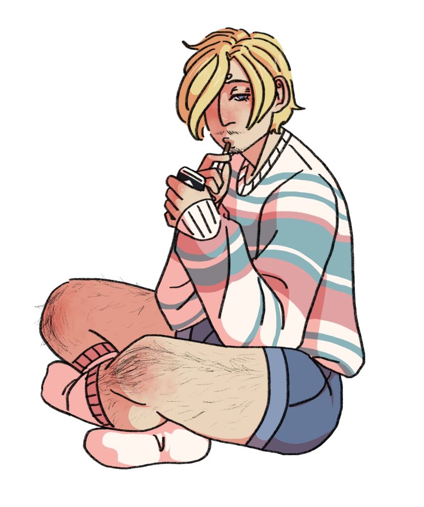 Post time skip Sanji sits criss crossed in the middle of the frame. He looks at the viewer with sleepy eyes as he brings a cigarette to his mouth. He wears a baggy sweater that's white with pastel blue and pink stripes. He wears short denim shorts and white knee-high socks with a pink stripe at the top.