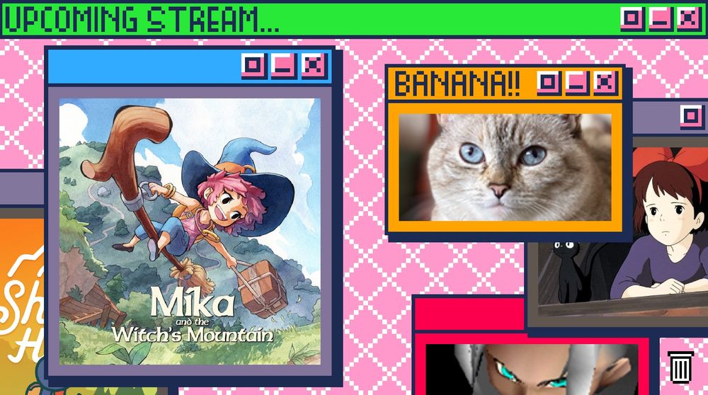 Artwork for Mika and The Witch’s Mountain, and a picture of my cat, Banana. 