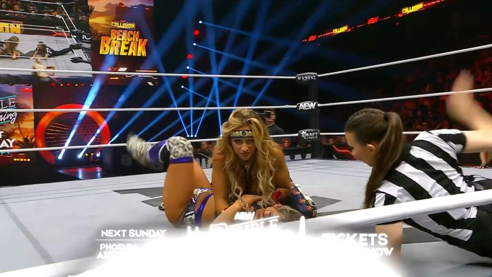 AEW Collision screenshot, featuring white semi circle blocking Double or Nothing advert at bottom of the screen. 