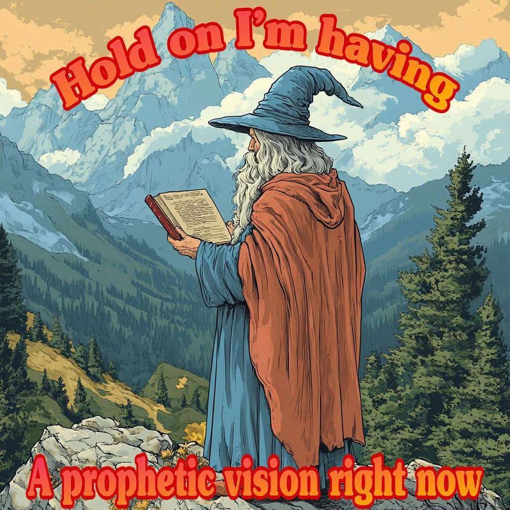 illustration of a wizard on a mountaintop holding an ancient tome
