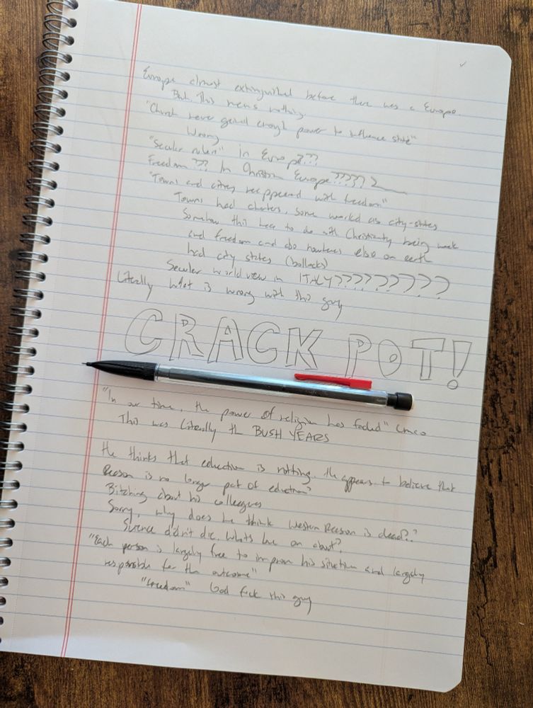 A page of notes with CRACKPOT written in bubble all caps letters in the center 