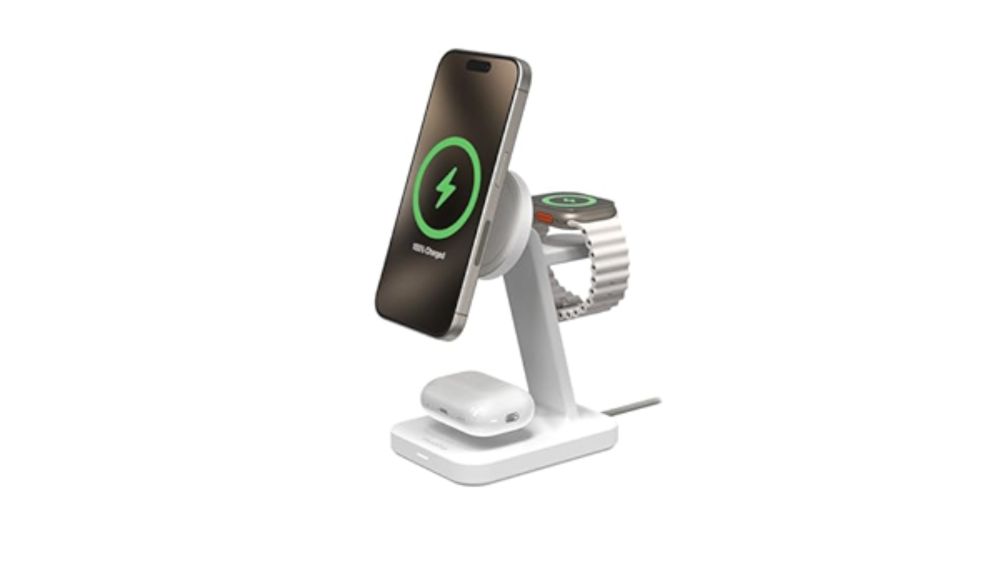 Amazon.com: mophie Snap+ 3-in-1 Wireless Charging Stand - MagSafe & Qi2 Certified, Compatible with iPhone 15/14/13/12, Apple Watch, AirPods - Multi-Device Magnetic Charging Station, Eco-Friendly Desig...