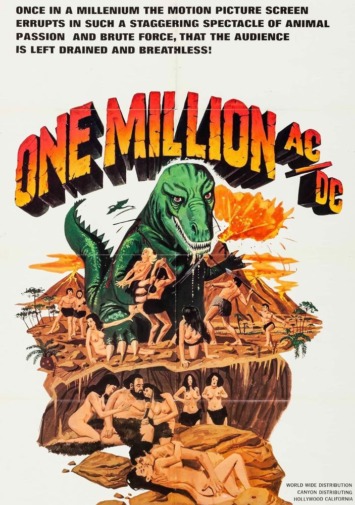 A handful of Stone Age men fight off a Tyrannosaurus rex while the rest of the clan hide in a cave some of them having sex 