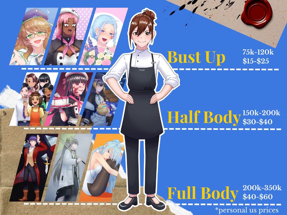 Promotional picture filled with Eoda's commission samples. Personal use commission prices: Bust Up (75k-120k/$15-$25), Half Body(150k-200k/$30-$40), and Full Body (200k-300k/$40-$60)