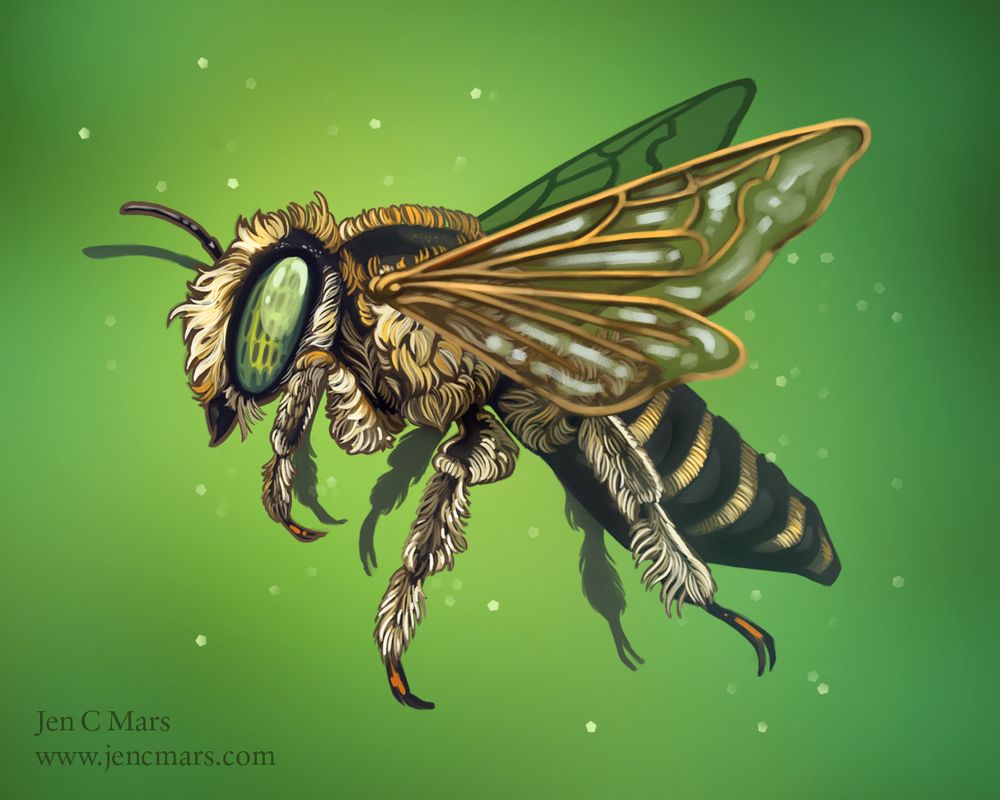 Digital illustration of an extremely fluffy pale colored bee with huge green compound eyes and a yellow and black striped abdomen against a bright green background