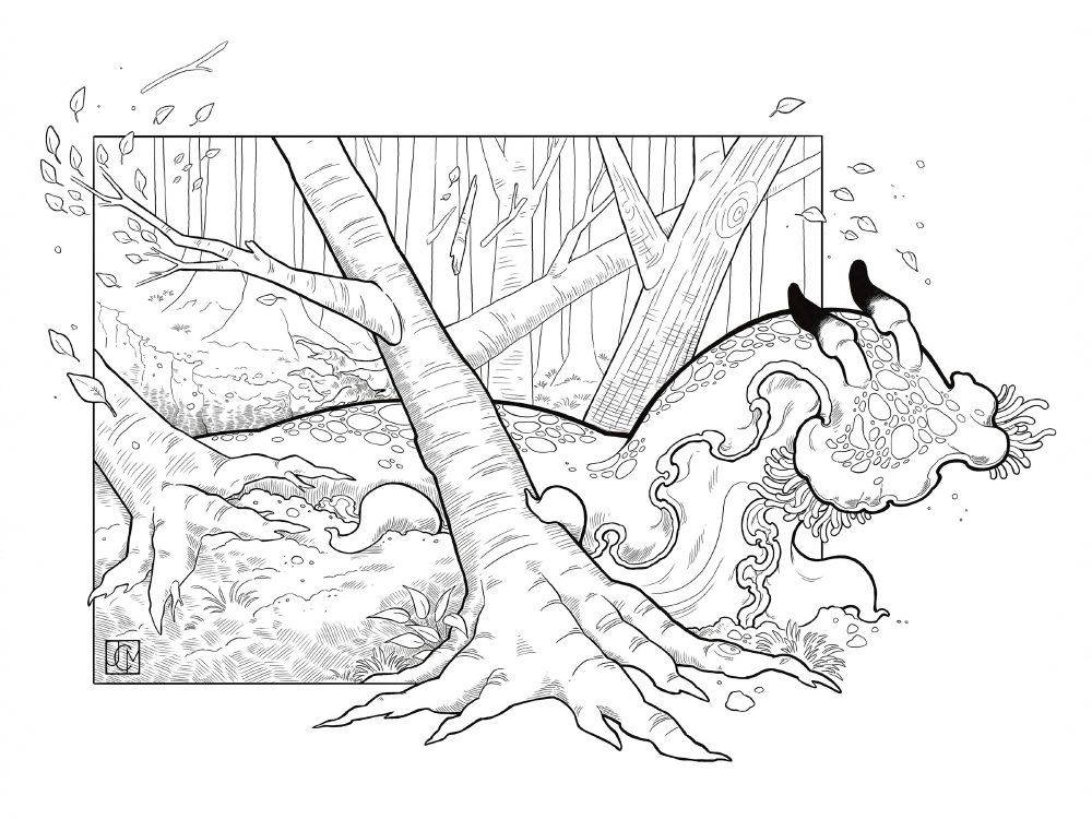 Black and white ink drawing in a comic book style of a large creature crashing through a forest knocking down trees and causing debris to swirl in the air. The creature looks similar to a nudibranch, it has a flat, rippling slug-like body with large tentacles extruding from the sides and many small squiggly worm-like tentacles coming out of where its mouth might be. There are two tube shaped tapered structures coming out of its head. The monster is breaking the frame of the drawing, indicating its size and strength to the viewer.