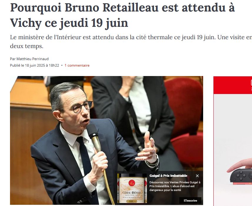 Article de presse en date du 19 juin 2025 intitulé : "Pourquoi Retailleau est attendu à Vichy ce jeudi 19 juin"