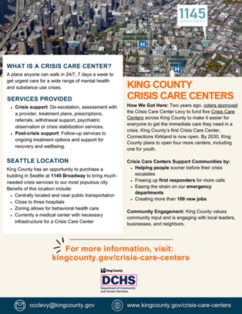 King County officials are working on plans for a public meeting to answer questions and concerns around the proposed mental health Crisis Care Center at Broadway and Union. CHS reported here on pus…