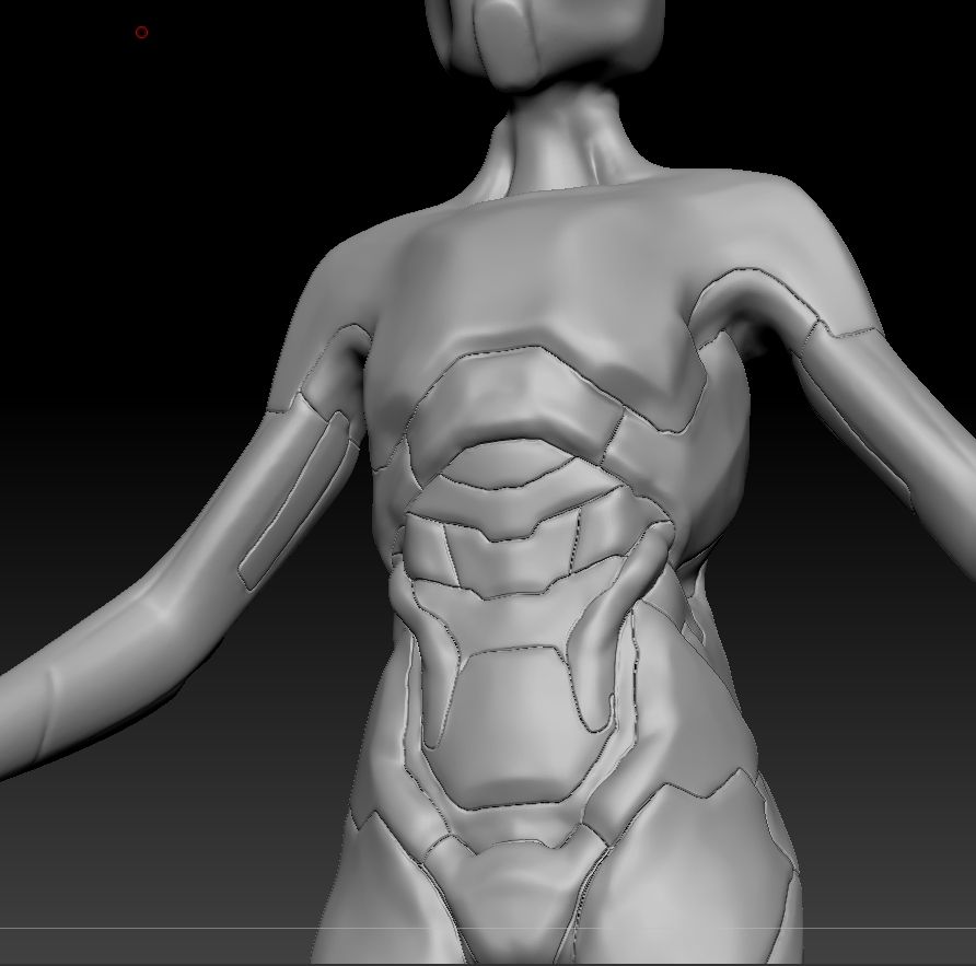 A clay render of a rough zbrush sculpt of the torso of a scifi-looking character, covered in panels and seams and other  detail things which I have yet to decide a purpose for
