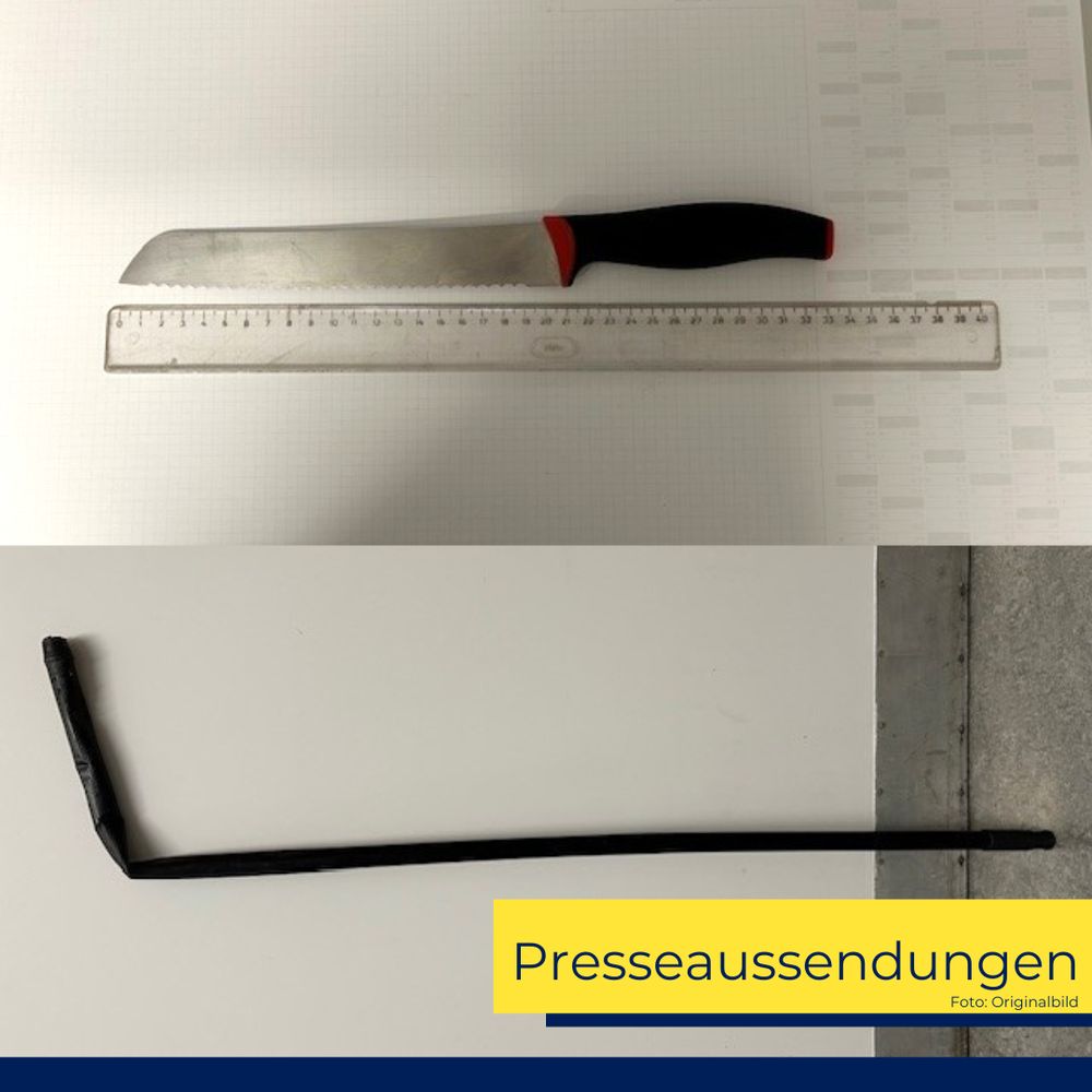 Abbildung des benutzten Messers und einer Eisenstange nach Sicherstellung des Festgenommenen