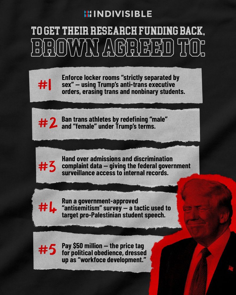 (next to an image of Trump) TO GET THEIR RESEARCH FUNDING BACK, BROWN AGREED TO:

#1 Enforce locker rooms "strictly separated by sex" - using Trump's anti-trans executive orders, erasing trans and nonbinary students.

#2 Ban trans athletes by redefining "male" and "female" under Trump's terms.

#3 Hand over admissions and discrimination complaint data - giving the federal government surveillance access to internal records.

#4 Run a government-approved
"antisemitism" survey - a tactic used to target pro-Palestinian student speech.

#5 Pay $50 million - the price tag for political obedience, dressed up as "workfoce development."
