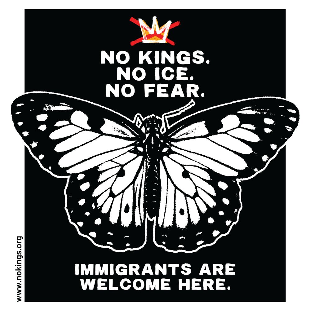 A graphic poster showing a black and white butterfly with a crown symbol above it. The text says "NO KINGS