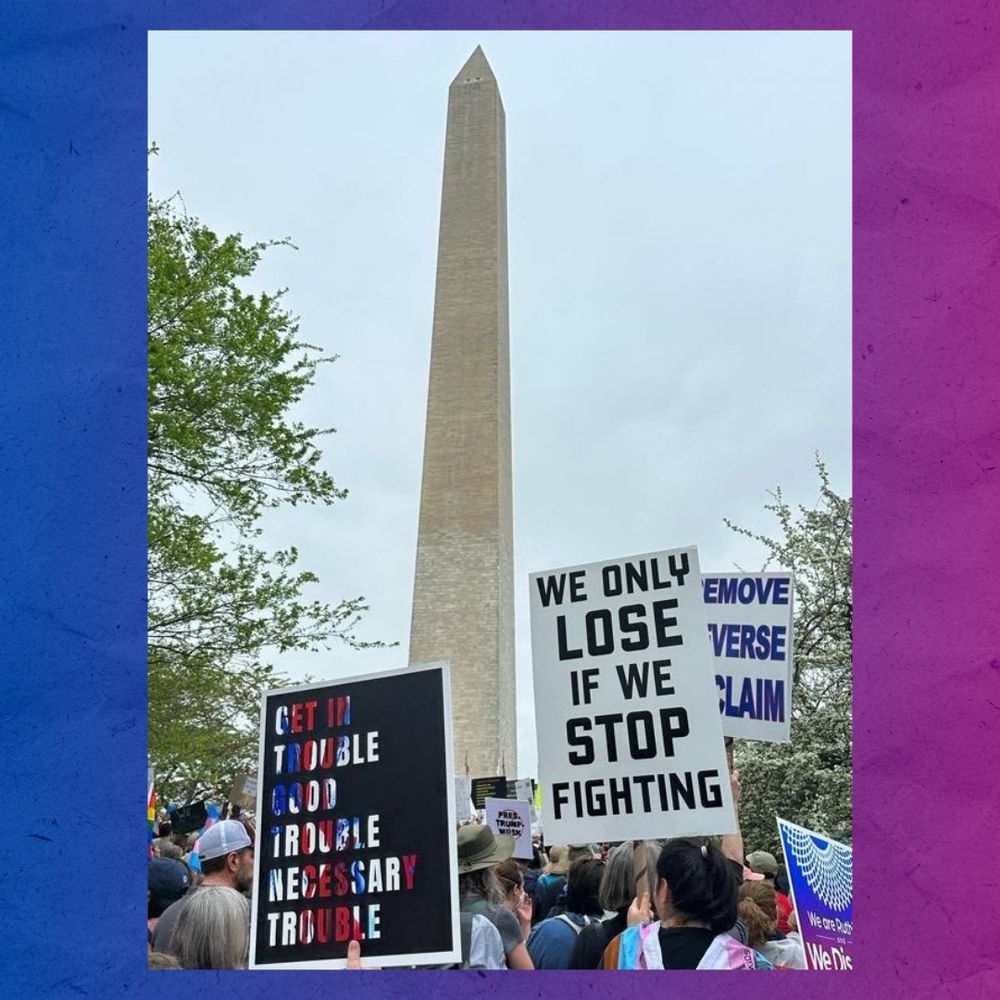 A photo from the DC Hands Off! event with the Washington Monument in the background and protest signs that read “WE ONLY LOSE IF WE STOP FIGHTING” and “GET IN TROUBLE GOOD TROUBLE NECESSARY TROUBLE.”
