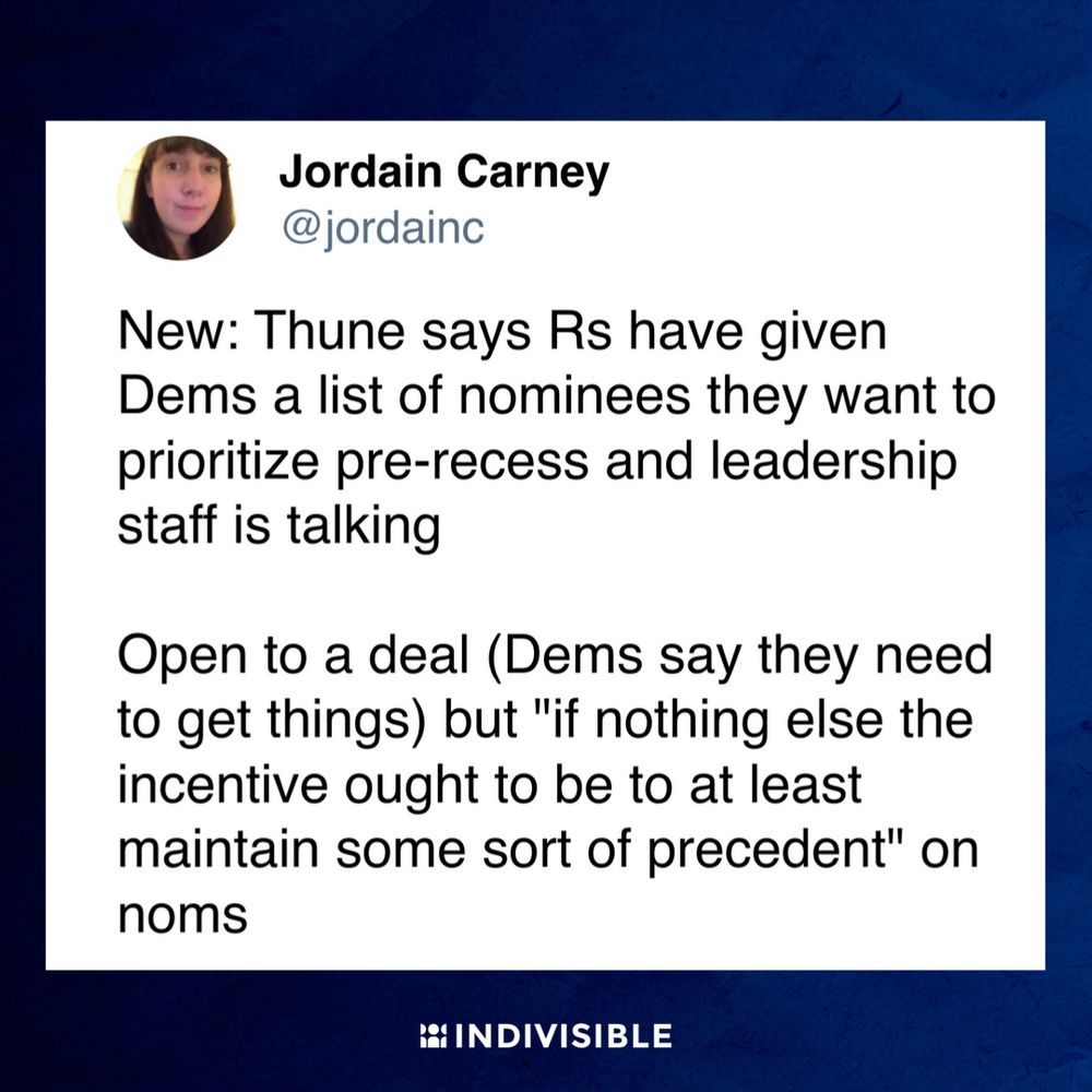 Tweet from Jordain Carney saying: 
New: Thune says Rs have given Dems a list of nominees they want to prioritize pre-recess and leadership staff is talking 

Open to a deal (Dems say they need to get things) but "if nothing else the incentive ought to be to at least maintain some sort of precedent" on noms