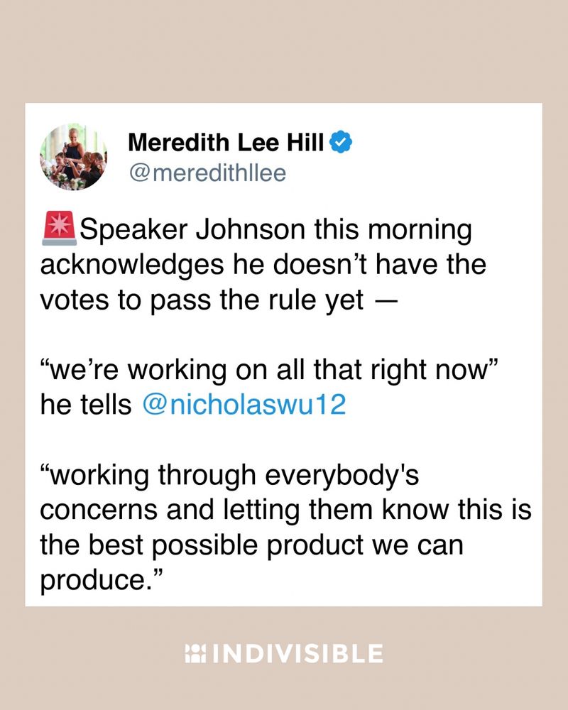 Meredith Lee Hill on Twitter: “Speaker Johnson this morning acknowledges he doesn't have the votes to pass the rule yet -

"we're working on all that right now" he tells @nicholaswu12

"working through everybody's concerns and letting them know this is the best possible product we can produce."”