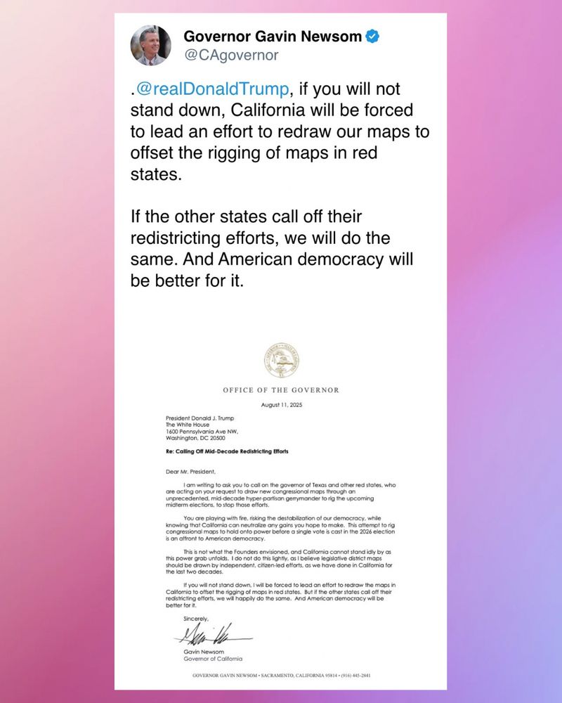 Governor Newsom on Twitter: “@realDonald Trump, if you will not stand down, California will be forced to lead an effort to redraw our maps to offset the rigging of maps in red states.

If the other states call off their redistricting efforts, we will do the same. And American democracy will be better for it.”