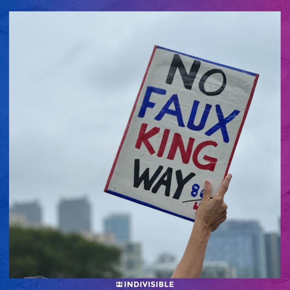A person holding a protest sign that reads "NO FAUX KING WAY" with a city skyline in the background. The sign also displays the hashtag "#INDIVISIBLE".
