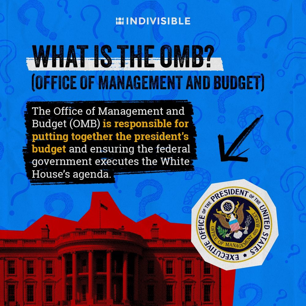 (above an image of the White House) WHAT IS THE OMB?
(OFFICE OF MANAGEMENT AND BUDGET)
The Office of Management and Budget (OMB) is responsible for putting together the president's budget and ensuring the federal government executes the White
House's agenda.