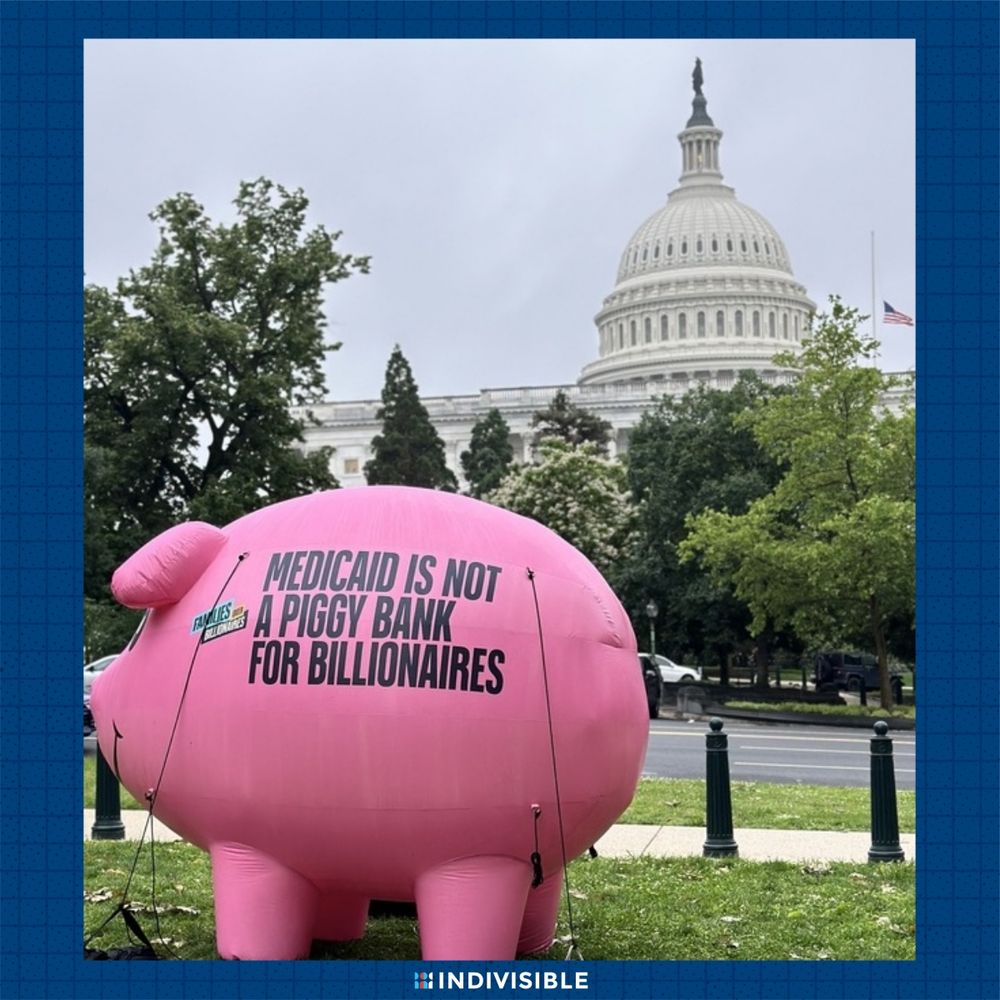 A large pink inflatable pig with the text "Medicaid is not a piggy bank for billionaires" in front of the United States Capitol building.