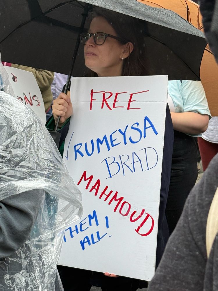 A protester holds a sign that reads “FREE THEM ALL
RUMEYSA
BRAD
MAHMOUD”